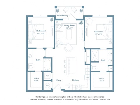 Floor plan for 2 beds, 2 baths, 1098 sqft